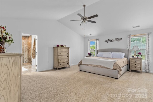 301 Wheat Field Dr, Mount Holly, NC 28120 - bedroom with carpet floors, multiple windows, lofted ceiling, baseboards, and ceiling fan
