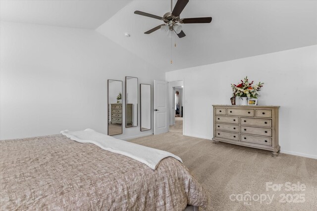 301 Wheat Field Dr, Mount Holly, NC 28120 - carpeted bedroom featuring high vaulted ceiling and ceiling fan