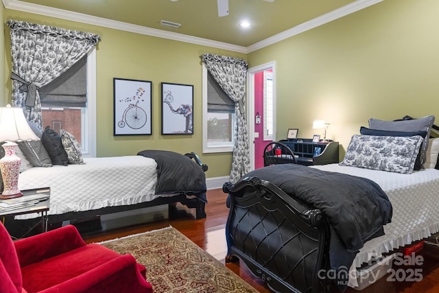 231 N Main St, Hendersonville, NC 28792 - bedroom featuring wood finished floors, ornamental molding, baseboards, recessed lighting, and a ceiling fan