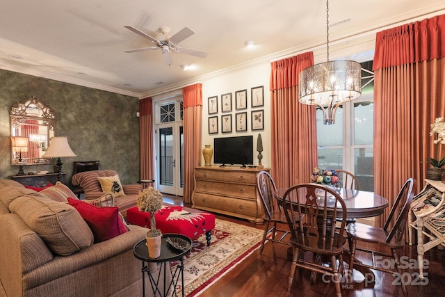 231 N Main St, Hendersonville, NC 28792 - living area with wood finished floors, a chandelier, ceiling fan, and crown molding
