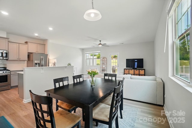 5334 Orchid Bloom Dr, Fort Mill, SC 29707 - dining area with light wood-style floors, ceiling fan, recessed lighting, and baseboards