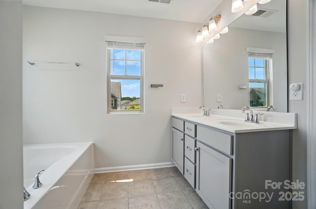 5334 Orchid Bloom Dr, Fort Mill, SC 29707 - bathroom featuring double vanity, baseboards, a bath, and tile patterned flooring