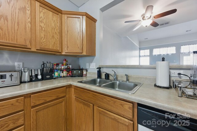 158 Snead Rd, Fort Mill, SC 29715 - kitchen with dishwasher, light countertops, a ceiling fan, and brown cabinets