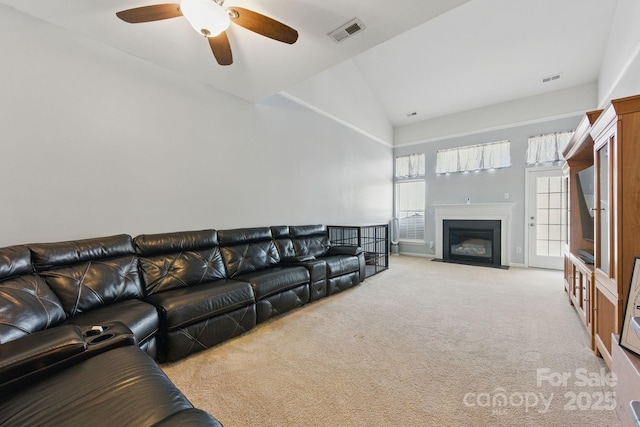 158 Snead Rd, Fort Mill, SC 29715 - living area with carpet flooring, a ceiling fan, a fireplace with flush hearth, and high vaulted ceiling