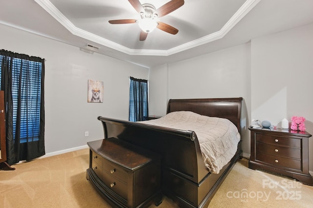 158 Snead Rd, Fort Mill, SC 29715 - bedroom featuring a tray ceiling, light carpet, crown molding, and a ceiling fan