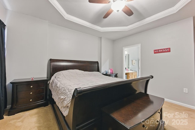 158 Snead Rd, Fort Mill, SC 29715 - bedroom with light carpet, a raised ceiling, crown molding, ensuite bath, and a ceiling fan