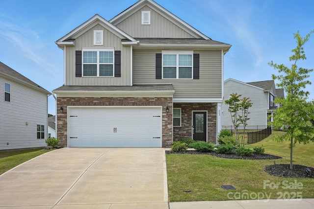 223 Haddonsfield Dr, Mooresville, NC 28115 - craftsman-style home featuring board and batten siding, driveway, stone siding, and a garage