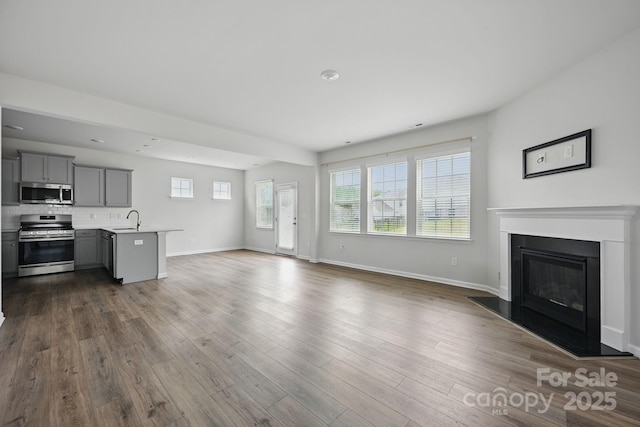 223 Haddonsfield Dr, Mooresville, NC 28115 - unfurnished living room featuring a sink, a glass covered fireplace, baseboards, and dark wood finished floors