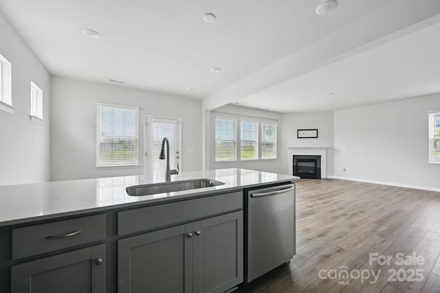223 Haddonsfield Dr, Mooresville, NC 28115 - kitchen with dishwasher, a sink, gray cabinetry, wood finished floors, and a glass covered fireplace