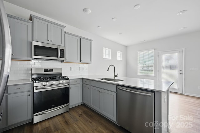 223 Haddonsfield Dr, Mooresville, NC 28115 - kitchen featuring stainless steel appliances, a sink, gray cabinets, a peninsula, and dark wood-type flooring