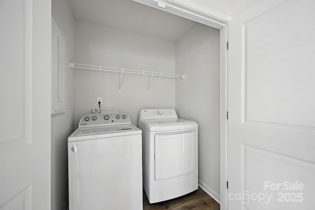 223 Haddonsfield Dr, Mooresville, NC 28115 - laundry room with washer and dryer and dark wood-style floors