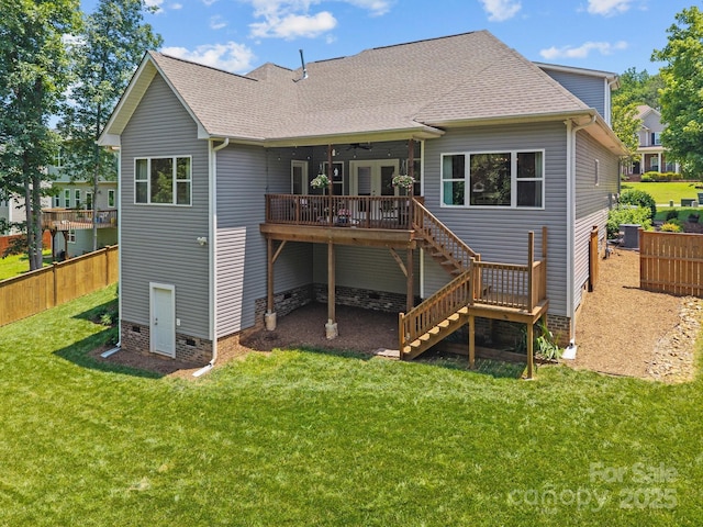 3633 Longpond Ln, Monroe, NC 28110 - back of property featuring stairway, a wooden deck, ceiling fan, and roof with shingles