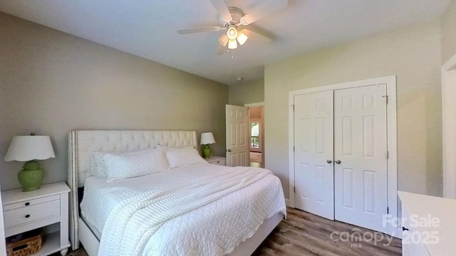 3633 Longpond Ln, Monroe, NC 28110 - bedroom featuring wood finished floors, a closet, and ceiling fan