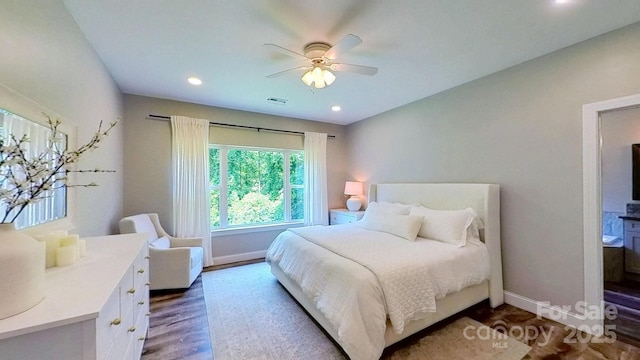 3633 Longpond Ln, Monroe, NC 28110 - bedroom featuring dark wood-style floors, baseboards, recessed lighting, and a ceiling fan
