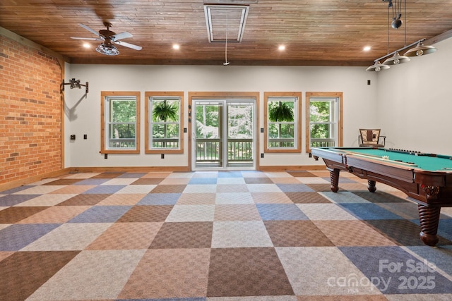 315 Red Barn Trl, Matthews, NC 28104 - game room featuring wood ceiling, brick wall, billiards table, recessed lighting, and ceiling fan