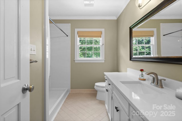 315 Red Barn Trl, Matthews, NC 28104 - full bathroom with vanity, a shower, ornamental molding, and tile patterned floors