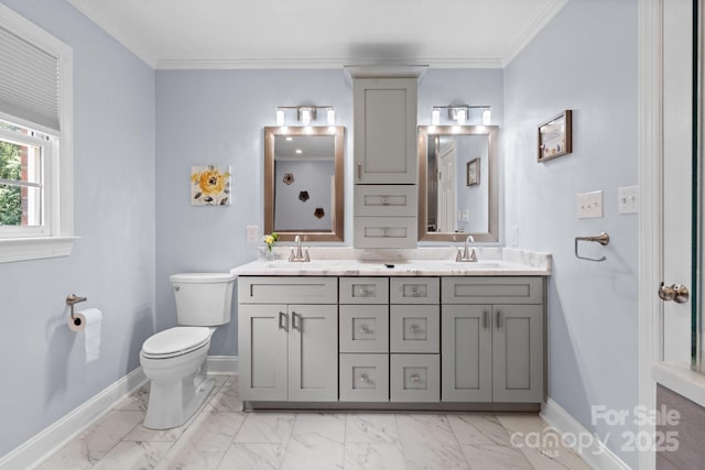 315 Red Barn Trl, Matthews, NC 28104 - full bathroom featuring marble look tiles, double vanity, and crown molding