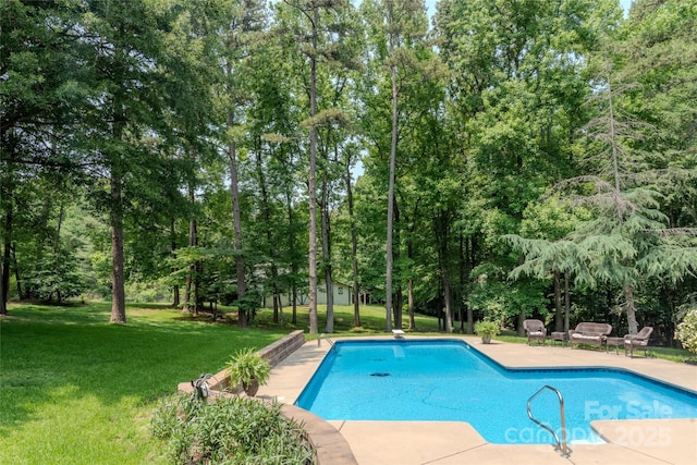 315 Red Barn Trl, Matthews, NC 28104 - swimming pool with a lawn, a patio area, and view of scattered trees