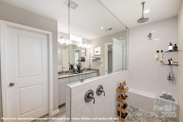 9864 Quercus Ln, Huntersville, NC 28078 - full bathroom with tiled shower, double vanity, and recessed lighting