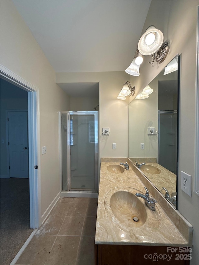 1423 Napa St NW, Concord, NC 28027 - full bathroom featuring double vanity, a shower stall, and baseboards