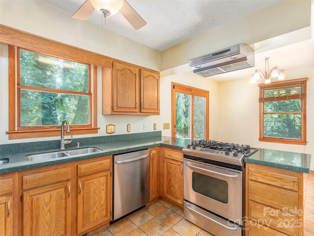 51 Wake Robin Way, Asheville, NC 28805 - kitchen featuring appliances with stainless steel finishes, exhaust hood, a sink, a peninsula, and ceiling fan