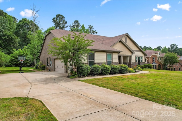 137 Leaning Tower Dr, Mooresville, NC 28117 - craftsman-style home featuring concrete driveway, a front yard, a garage, and brick siding