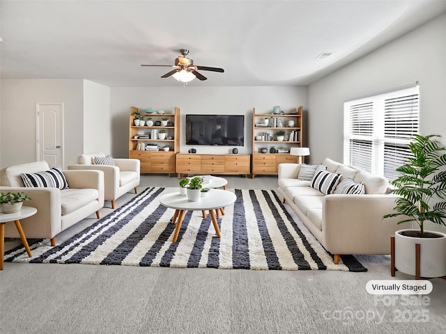 108 Greenway View Ct, Mount Holly, NC 28120 - carpeted living area featuring a ceiling fan