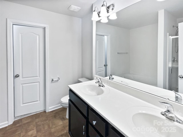 108 Greenway View Ct, Mount Holly, NC 28120 - bathroom with a shower stall, double vanity, toilet, a bathtub, and baseboards