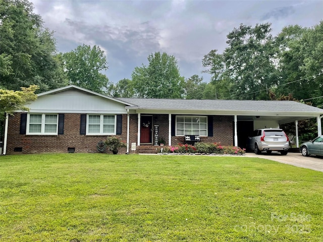 218 Hardin Cir, Grover, NC 28073 - ranch-style home featuring a carport, a front lawn, crawl space, driveway, and brick siding