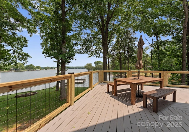 5075 Lakeview Cir, Sherrills Ford, NC 28673 - wooden terrace featuring a water view, outdoor dining space, and a yard