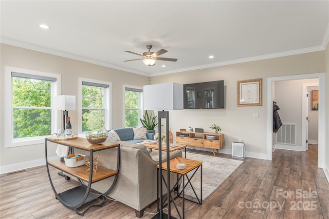 17 Baxter Woods Ln, Candler, NC 28715 - living area featuring crown molding, a ceiling fan, wood finished floors, and recessed lighting