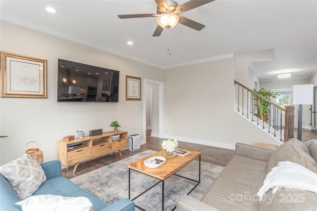 17 Baxter Woods Ln, Candler, NC 28715 - living room with stairs, crown molding, a ceiling fan, wood finished floors, and recessed lighting