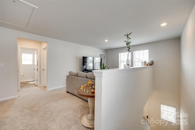 322 Olympia Way, York, SC 29745 - living area with attic access, baseboards, plenty of natural light, light colored carpet, and recessed lighting
