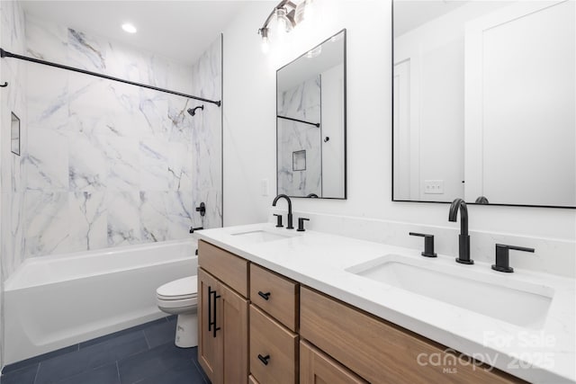 3903 Plainview Rd, Charlotte, NC 28208 - full bathroom with bathtub / shower combination, toilet, double vanity, and tile patterned flooring