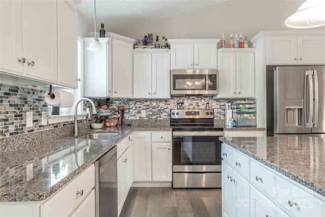 198 Anita Ln, Lexington, NC 27295 - kitchen featuring appliances with stainless steel finishes, a sink, wood finished floors, white cabinetry, and decorative backsplash