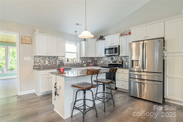 198 Anita Ln, Lexington, NC 27295 - kitchen featuring stainless steel appliances, dark wood-style flooring, tasteful backsplash, a sink, and lofted ceiling