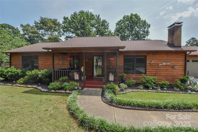 4920 Surfwood Dr, Sherrills Ford, NC 28673 - view of front facade with covered porch, a front yard, a chimney, and a shingled roof