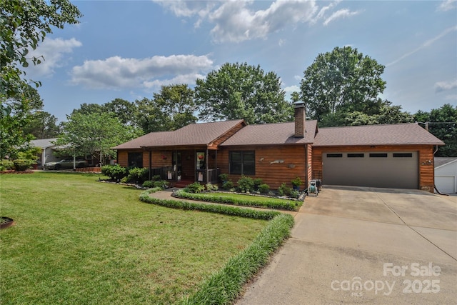 4920 Surfwood Dr, Sherrills Ford, NC 28673 - view of front of home featuring an attached garage, driveway, a front yard, a chimney, and a shingled roof