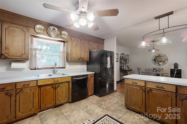 4920 Surfwood Dr, Sherrills Ford, NC 28673 - kitchen with black appliances, a sink, ceiling fan, and light countertops