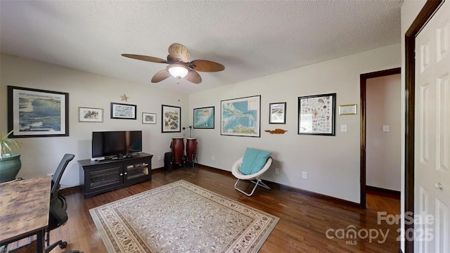 4920 Surfwood Dr, Sherrills Ford, NC 28673 - home office featuring a ceiling fan, dark wood finished floors, a textured ceiling, and baseboards