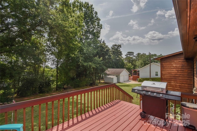 4920 Surfwood Dr, Sherrills Ford, NC 28673 - wooden terrace with an outbuilding, a lawn, and a grill