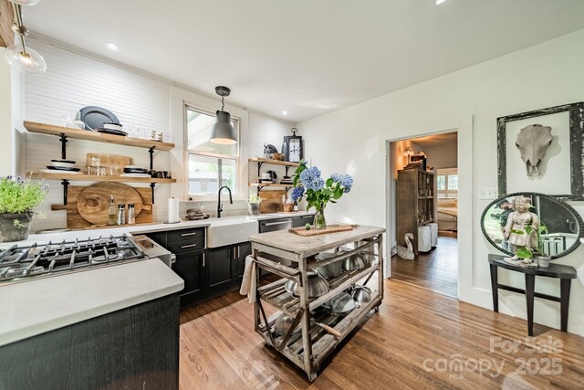 7901 Bud Henderson Rd, Huntersville, NC 28078 - kitchen featuring open shelves, light wood-type flooring, light countertops, healthy amount of natural light, and recessed lighting