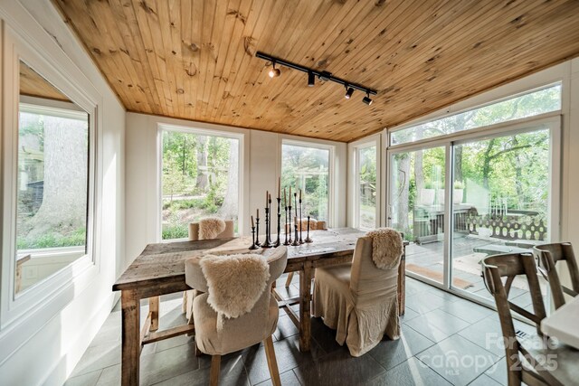 7901 Bud Henderson Rd, Huntersville, NC 28078 - tiled dining room featuring track lighting, wood ceiling, healthy amount of natural light, and vaulted ceiling