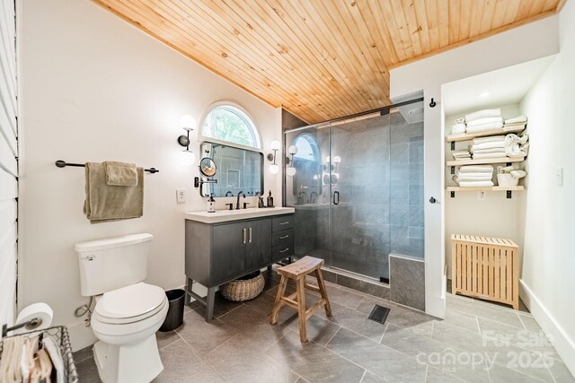 7901 Bud Henderson Rd, Huntersville, NC 28078 - full bath featuring wooden ceiling, vanity, a shower stall, radiator, and tile patterned flooring
