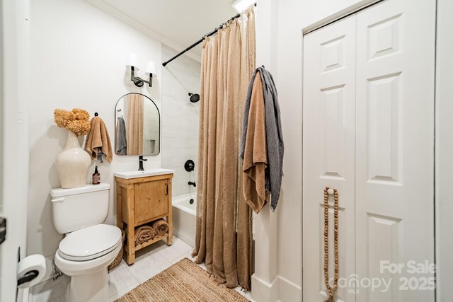 7901 Bud Henderson Rd, Huntersville, NC 28078 - full bathroom with shower / bath combination with curtain, a closet, vanity, and tile patterned flooring