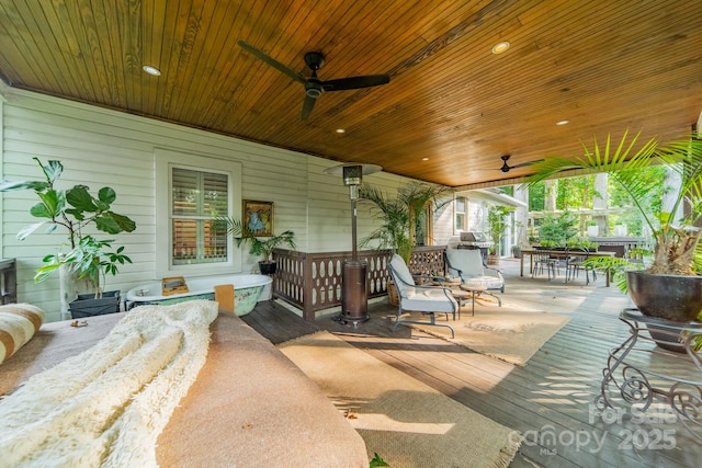 7901 Bud Henderson Rd, Huntersville, NC 28078 - wooden terrace with ceiling fan, outdoor dining area, and a grill
