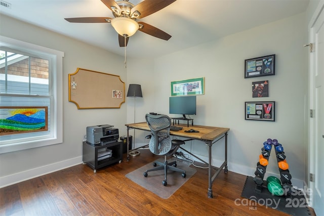 253 Flat Creek Rd, Black Mountain, NC 28711 - home office featuring a ceiling fan, baseboards, and wood finished floors