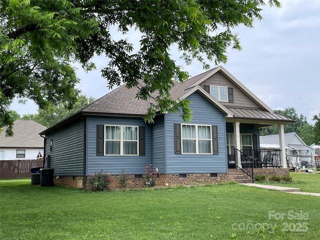210 Rhyne St, Stanley, NC 28164 - bungalow-style house featuring crawl space, a porch, a front lawn, and roof with shingles