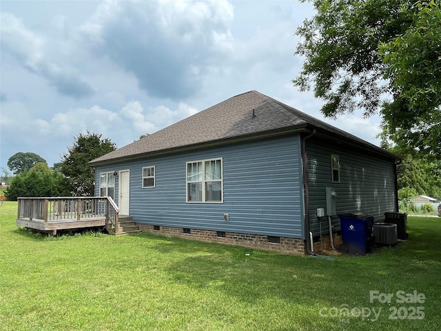 210 Rhyne St, Stanley, NC 28164 - back of property featuring crawl space, a wooden deck, a lawn, central AC, and a shingled roof
