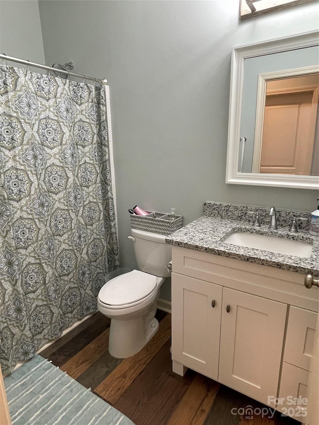 210 Rhyne St, Stanley, NC 28164 - bathroom with wood finished floors, vanity, toilet, and curtained shower
